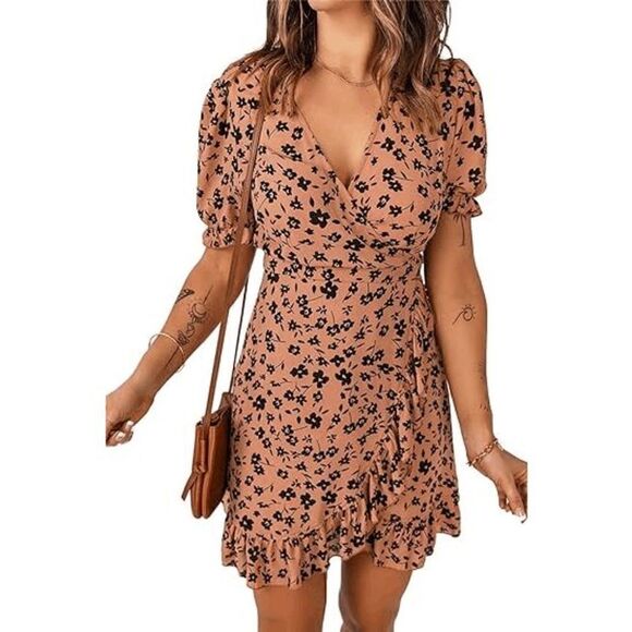 Dresses & Skirts - Women's Brown Wrap V Neck Floral Dress with Ruffles M #1656-A4